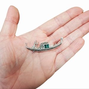 Vintage Gondola Boat Green Glass Marcasite 800 Silver Brooch Pin